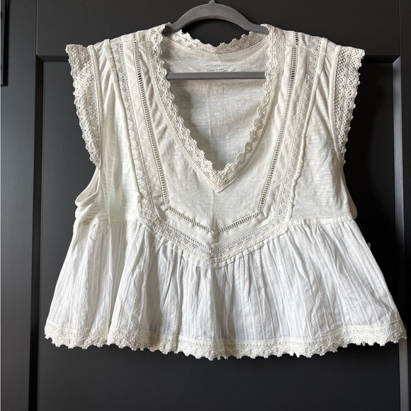 Anthropologie Tops - NWT Anthropologie Cream V-Neck Lace-Trim Cropped Peplum Blouse